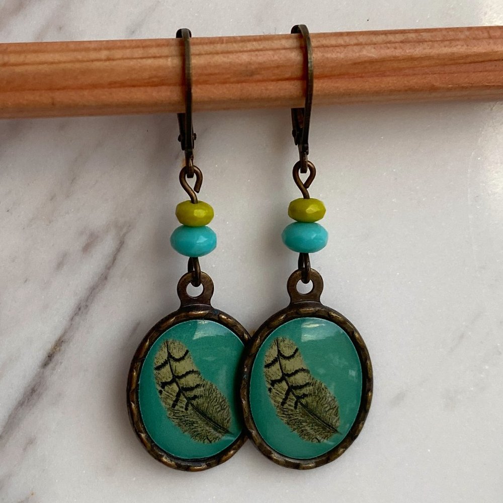 Feather Charm and Beads Dangle Earrings